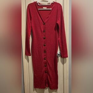 Heart & Hips Red Ribbed Knit Midi Dress. Long Sleeves and Button-front Size M